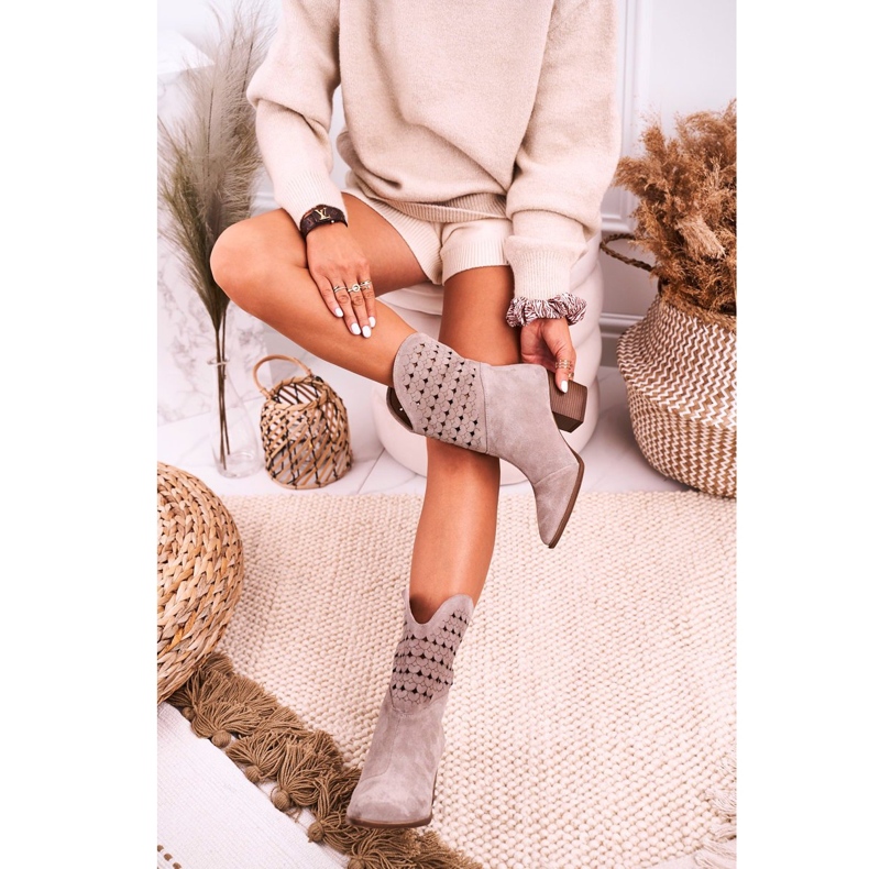 Nicole Cizme de cowboy de damă pe toc din piele de căprioară Emily bej 2