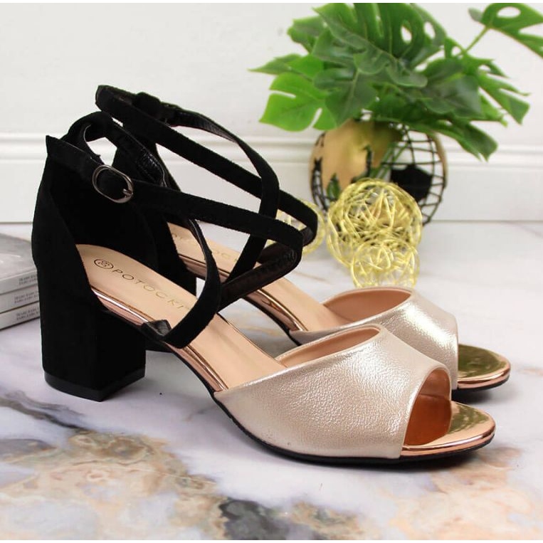 Sandale pe post Potocki W WOL68 negru și auriu de aur 2