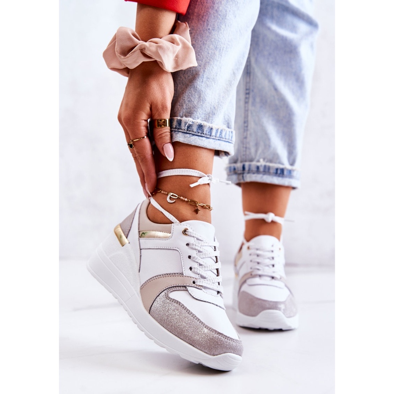 S.Barski Pantofi sport din piele pe o pană Rayana albă și gri 2