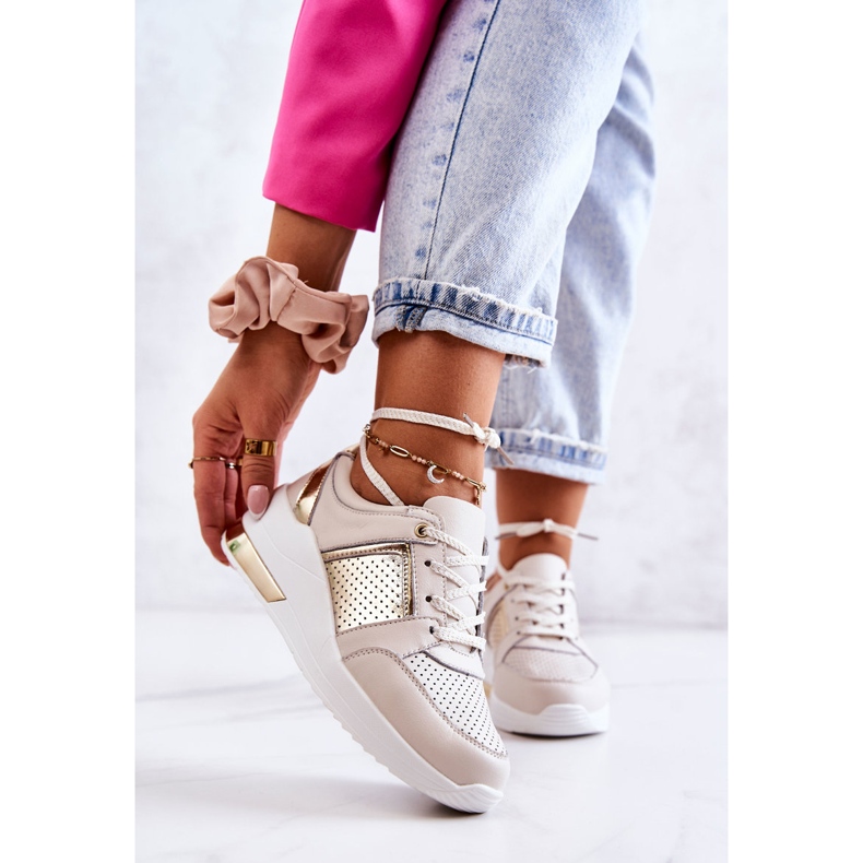 S.Barski Pantofi sport din piele pentru damă, pe pană, bej și alb Larson de aur 1