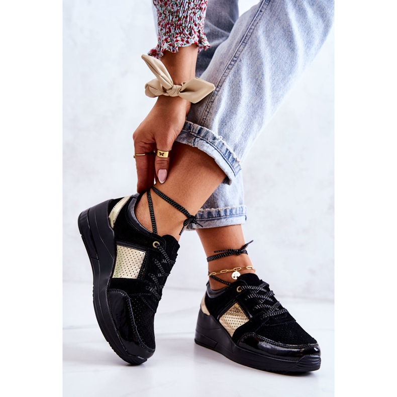 S.Barski Pantofi sport din piele intoarsa pentru dama, pe pană, negru Larson 2