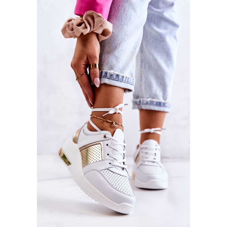 S.Barski Pantofi sport din piele pentru damă, pe pană, alb Larson de aur 1