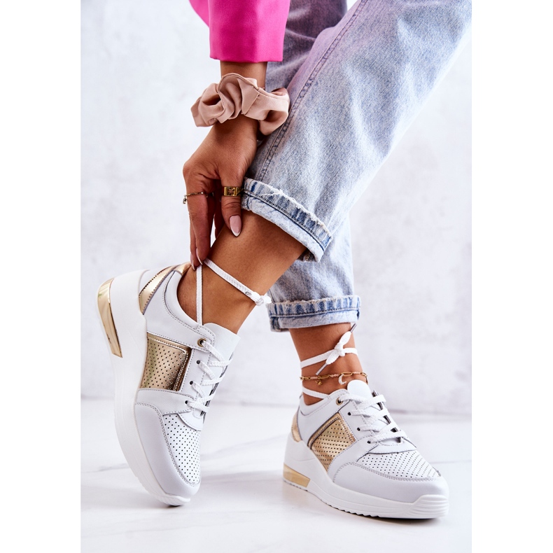 S.Barski Pantofi sport din piele pentru damă, pe pană, alb Larson de aur 2
