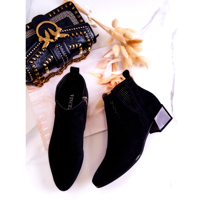 Vinceza Botine negre Carine din piele intoarsa ajurata, cu croiala negru 4