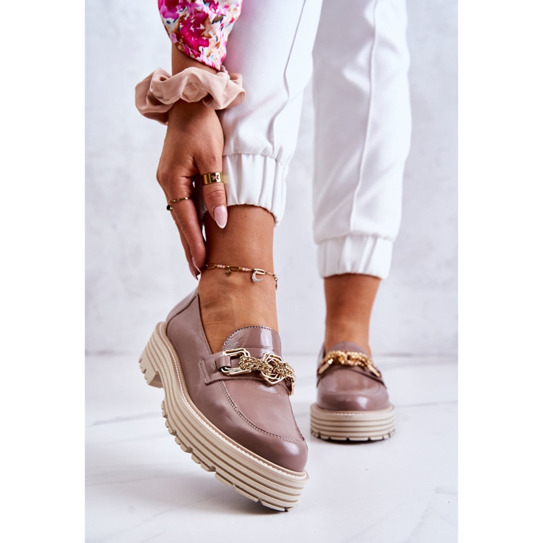 Pantofi Brogues Dama Decorat Piele Aurie Laura Messi 2383 Bej Inchis 1