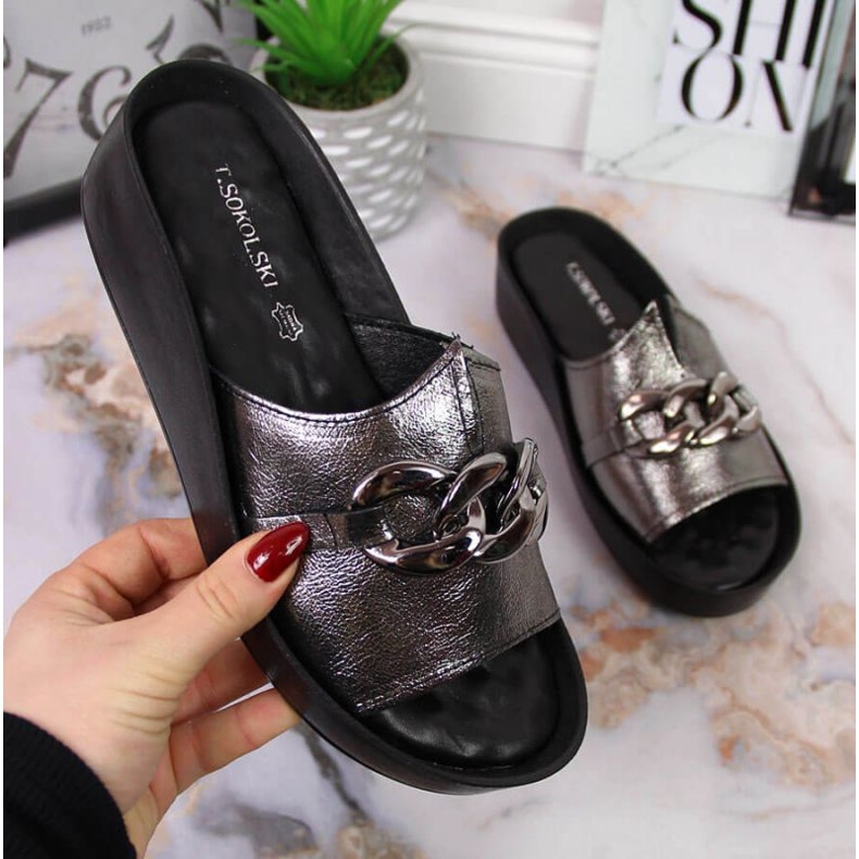 Papuci de piele cu lant T.Sokolski W SCA161 argintiu 1