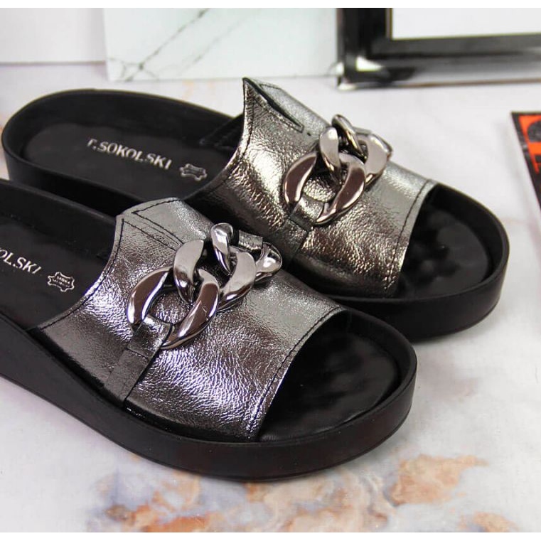 Papuci de piele cu lant T.Sokolski W SCA161 argintiu 2