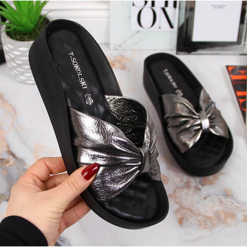 Papuci de piele pe pană T.Sokolski W SCA162B argintiu 1