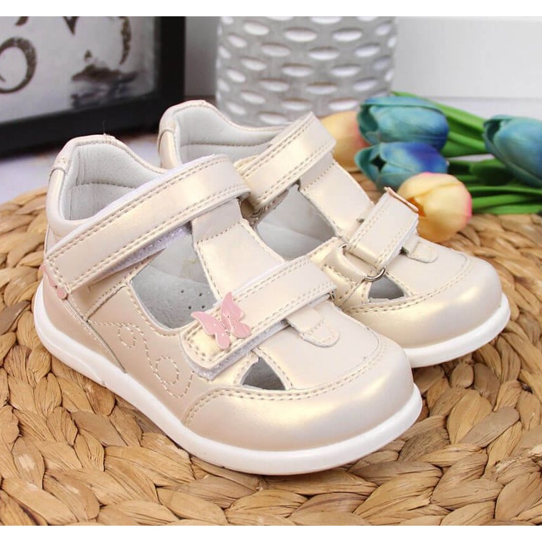 Pantofi ajurati cu velcro American Club Jr AM892A aurii de aur 2