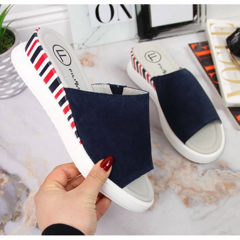 Papuci de piele pe pană Filippo W PAW359 bleumarin albastru marin 1