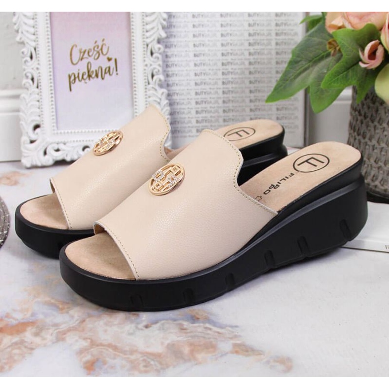 Papuci de piele pe pană Filippo W PAW362B bej 2