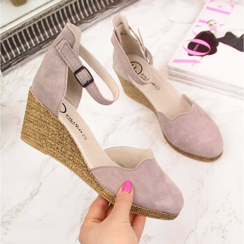 Sandale de damă din piele pe pană, roz murdar Filippo 2