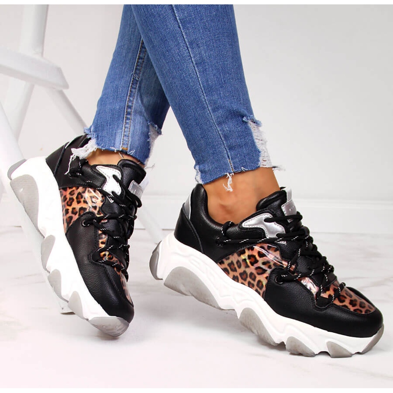 Pantofi sport din piele pentru femei leopard Goe II2N4067 negru 1