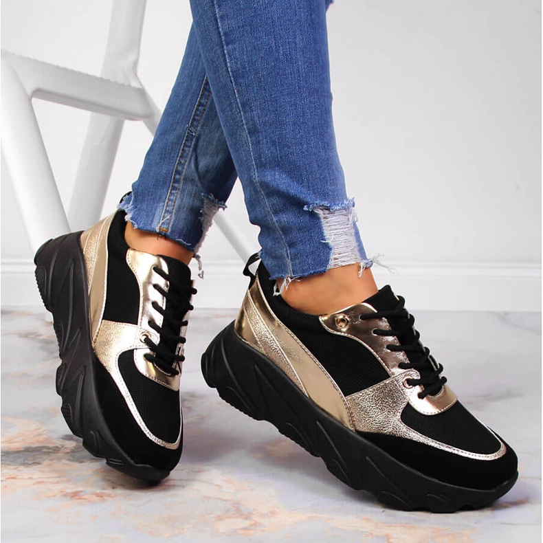 Pantofi sport de damă pe platforma Potocki negru de aur 1