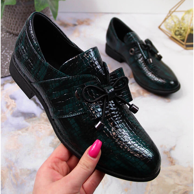 Pantofi de dama verzi Jezzi lacuiti cu fundita verde 1