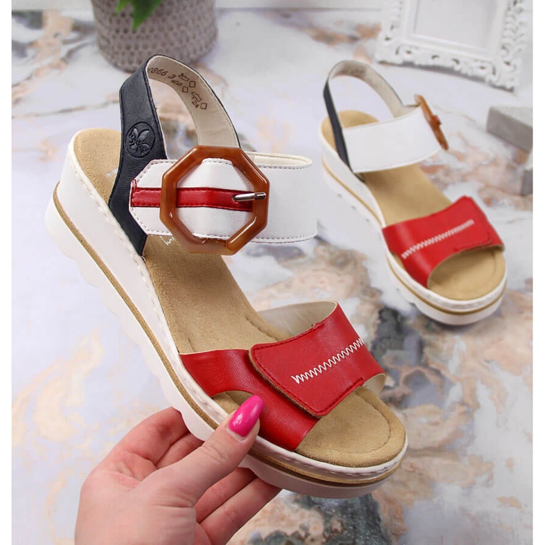 Sandale cu pană damă Rieker 67476-33 alb negru roșu multicolor 1