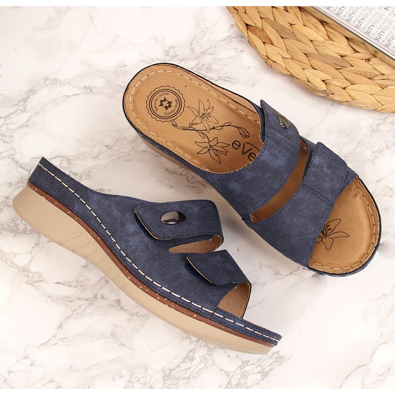 Papuci eVento cu velcro, de culoare bleumarin, confortabili albastru marin 2