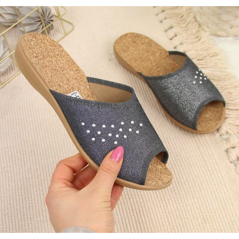 Papuci de casă damă, vârf deschis, Befado gri 1