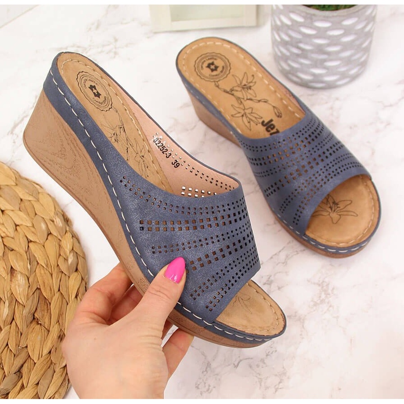 Papuci cu pană Jezzi de damă bleumarin albastru marin 2