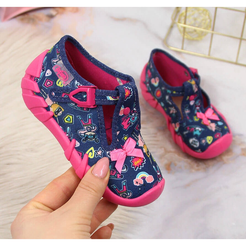 Papuci fetite pentru gradinita, bleumarin Befado albastru marin roz 1