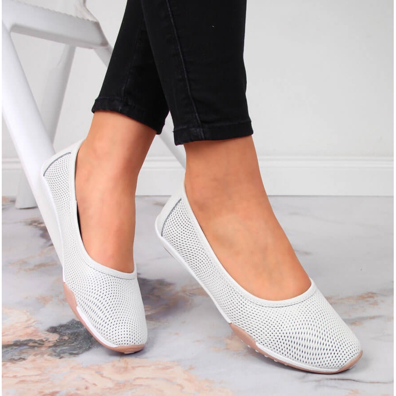 Balerini de dama din piele ajurata, slip-on, alb Filippo 1