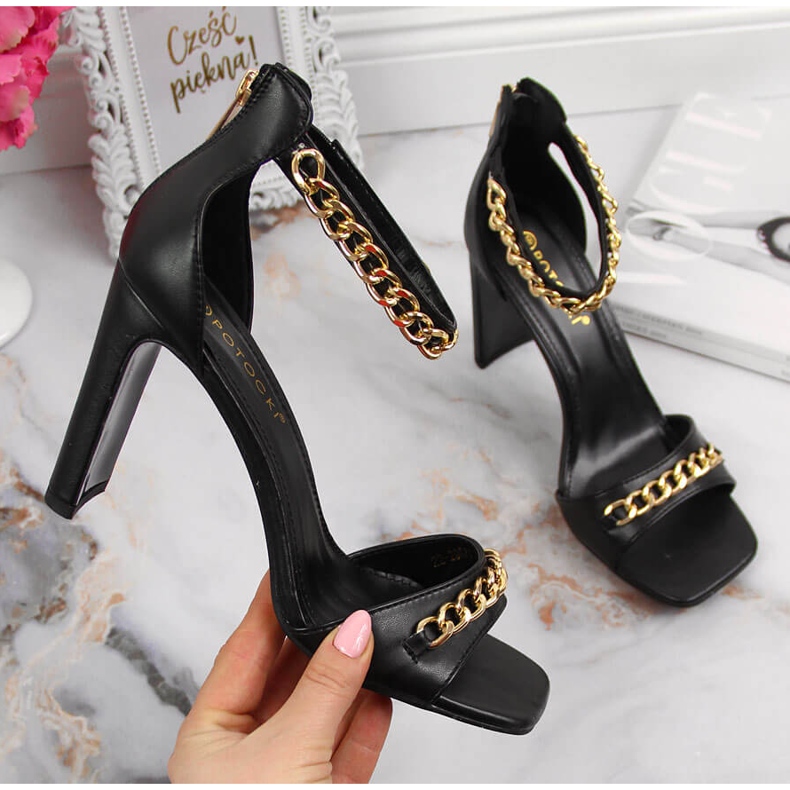 Sandale de damă Potocki negre pe stâlp cu lanț negru 1