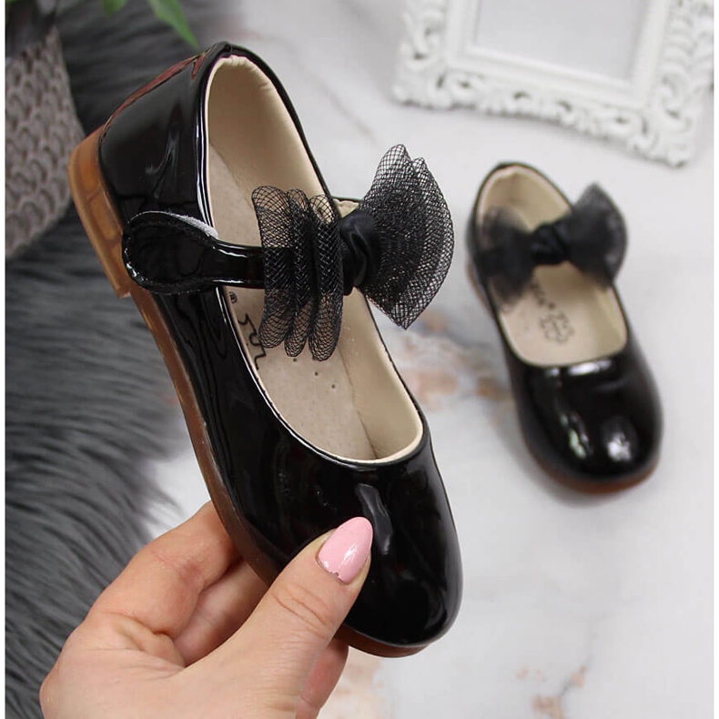 Balerini pentru fete cu velcro si fundita, Vinceza neagra negru 1