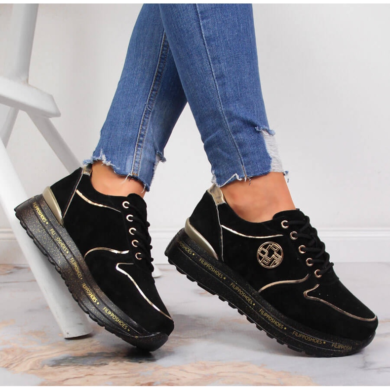 Piele sport de damă pe platformă Filippo neagră negru 1