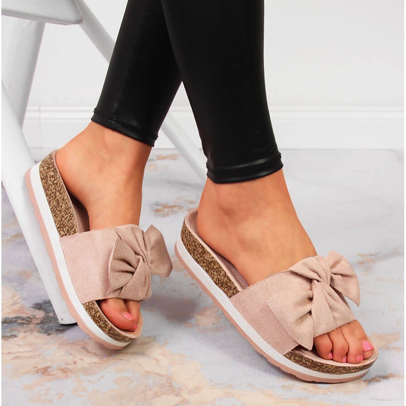 Papuci de dama cu fundita platforma roz Vinceza 1