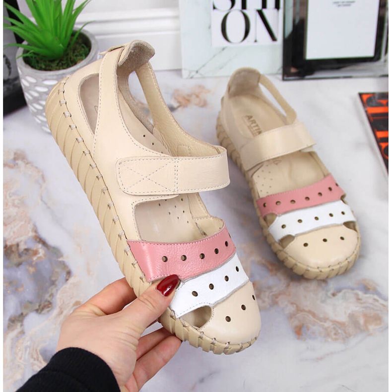 Sandale de dama din piele cu ajurata Artiker bej 1