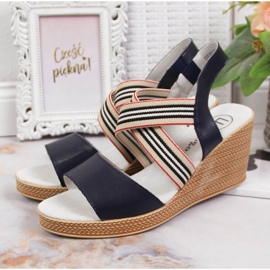 Sandale de damă din piele pe pană bleumarin Filippo albastru marin 2