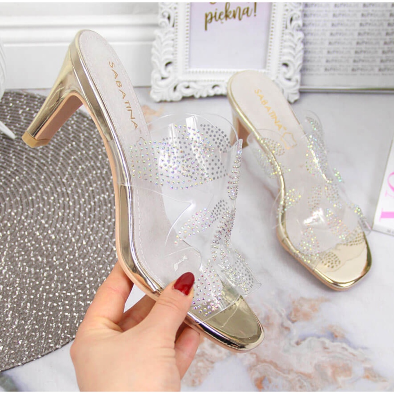 Papuci de dama transparenti cu zirconii aurii Sabatina incolor 1