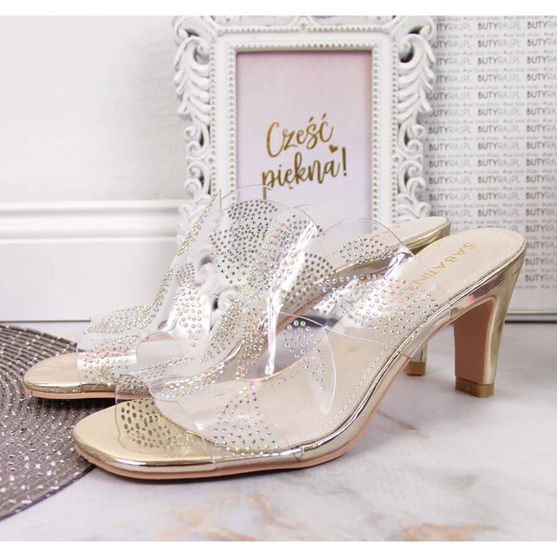 Papuci de dama transparenti cu zirconii aurii Sabatina incolor 2