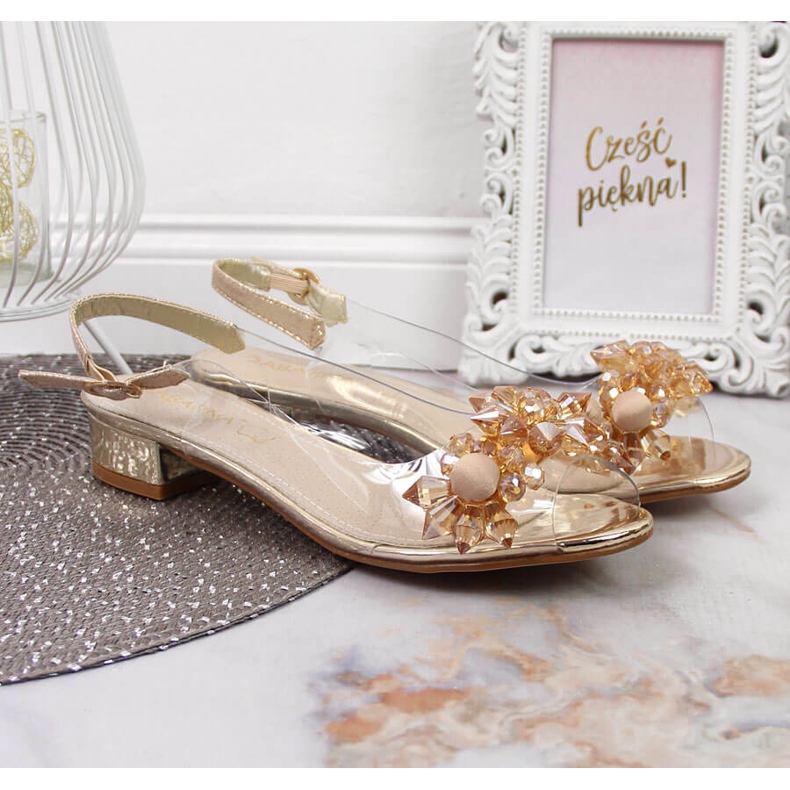 Sandale de dama transparente cu pietre de Sabatina aurii de aur 2