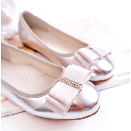 S.Barski Balerini din piele pentru copii cu fundita decorativa argintie claril 2