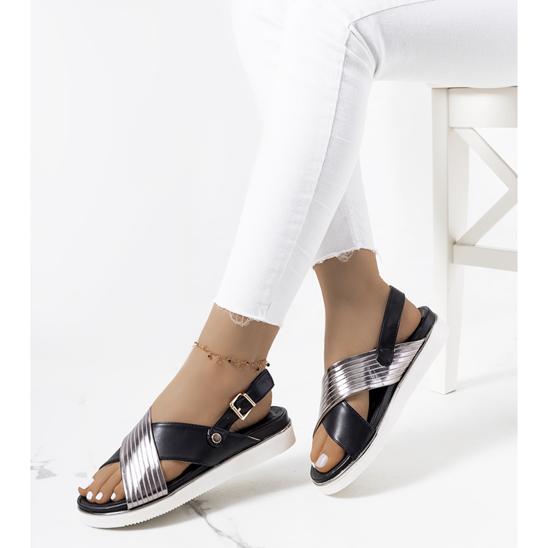 Sandale negre cu inserție metalizată Myrtle negru argint 1