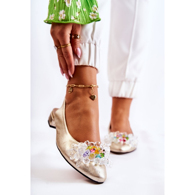 PA2 Balerini De Piele Pe Toc Înalt Cu Ornament Elena Aurie de aur 1