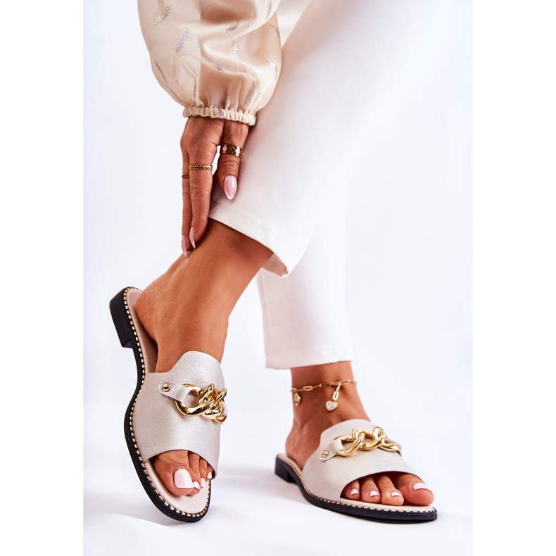 S.Barski Papuci la modă, cu un lanț pe un toc plat Golden Finness de aur 2