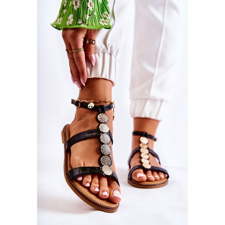 FJ1 Sandale Dama Cu Curea Decorativa Neagra Seila negru de aur 2