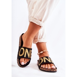 PE1 Papuci Clasici Slip-On Cu Inscripție Bahari Negru și Auriu 2