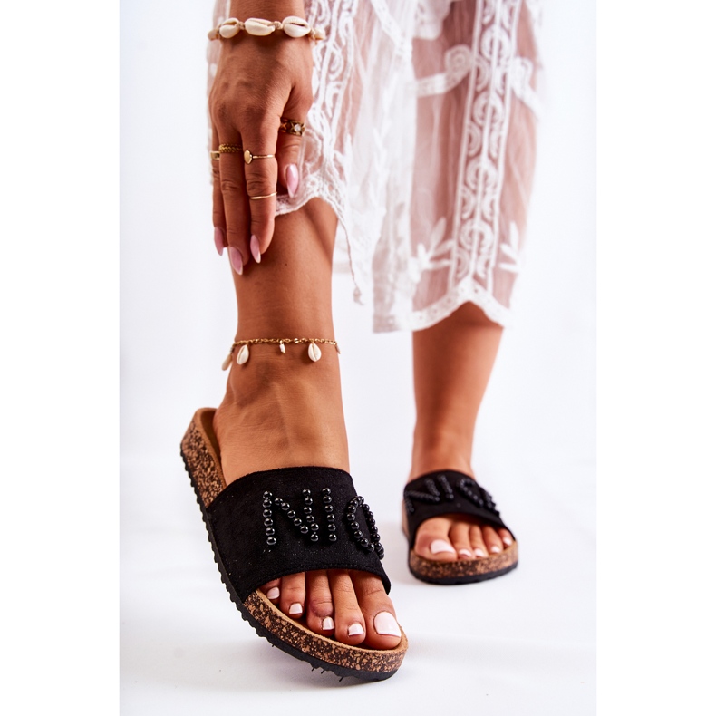 PE1 Papuci clasici din piele intoarsa cu vayana neagra cu margele negru 1