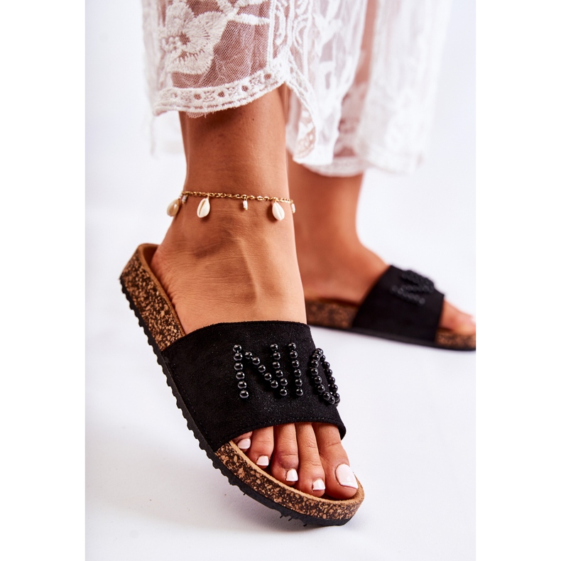 PE1 Papuci clasici din piele intoarsa cu vayana neagra cu margele negru 2