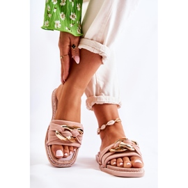 FK1 Papuci din piele intoarsa cu lant decorativ Louie roz 1