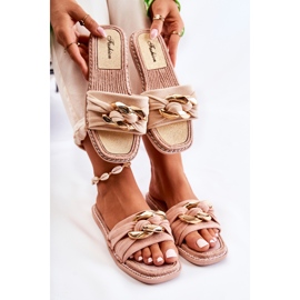 FK1 Papuci din piele intoarsa cu lant decorativ Bej Louie 2