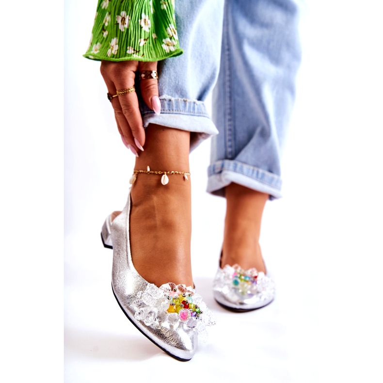 PA2 Balerini De Piele Pe Tocuri Inalte Cu Ornament Argintiu Elena 1