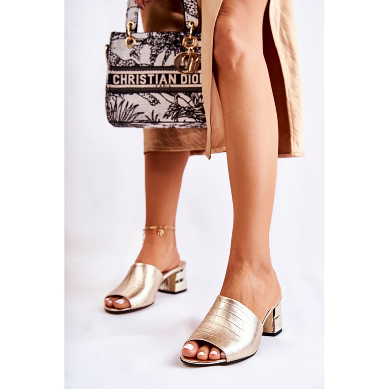 PA2 Papuci de damă din piele model crocodil pe toc Golden Perry de aur 1