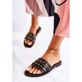 S.Barski Papuci de damă din piele cu ornament Brien negru 1