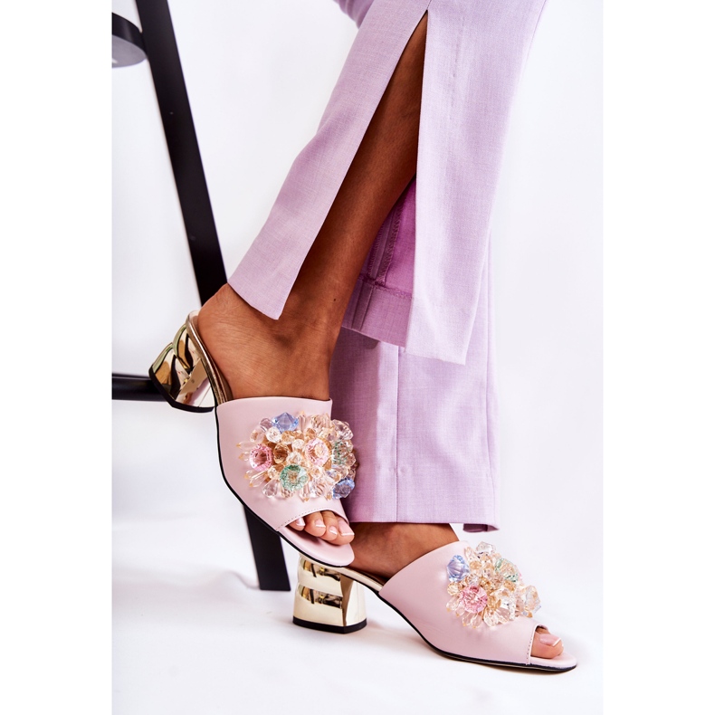 PA2 Papuci De Dama Piele Pe Toc Inalt Cu Decoratie Roz Calinda 2