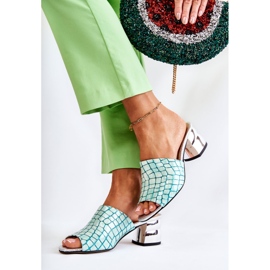Papuci de damă din piele crocodil pe toc verde deschis Perry 2