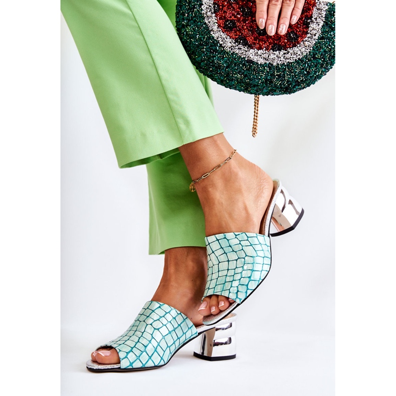 Papuci de damă din piele crocodil pe toc verde deschis Perry 2